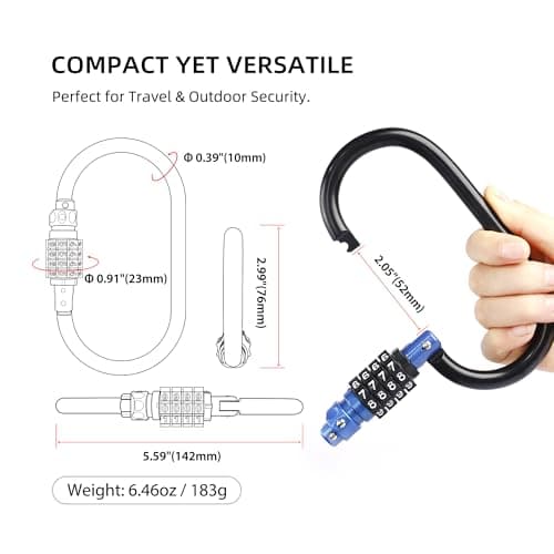 UP Security Combination Lock D Ring with Retractable Cable, 4 Digit Combo Lock for Helmet Safe, Backpack, Luggage Anti-Theft, Stroller, Scooter, Gym Locker, Fence, Travel, Outdoor Use (Oval, Blue) — view 2