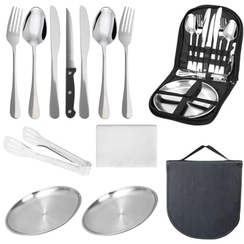 14 Pcs camping plate set,camping plates and bowls set for 2,stainless camping cutlery,Including portable cutlery bag- Ideal for road trips, picnics, and camping adventures,reusable