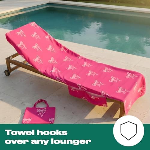 OHS Sun Lounger Towel with Pockets Bow Print, Soft Quick-Dry Absorbent Beach Towels for Adults Lightweight Large Microfibre Beach Towel Summer Holiday Essentials, Pink - 75 x 215cm — view 6