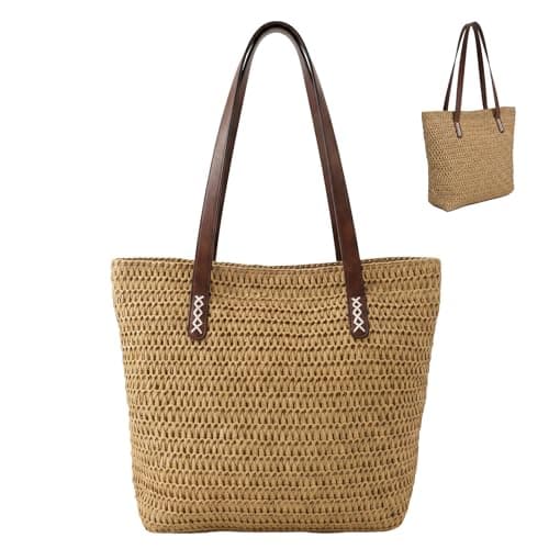 Nicole Brown Straw Tote Bag for Women Brown & Brown – Woven Summer Shoulder Bag with Zip Closure & Interior Zip Pocket, Lightweight Beach Shopper Tote for Holidays, Travel & Everyday Use