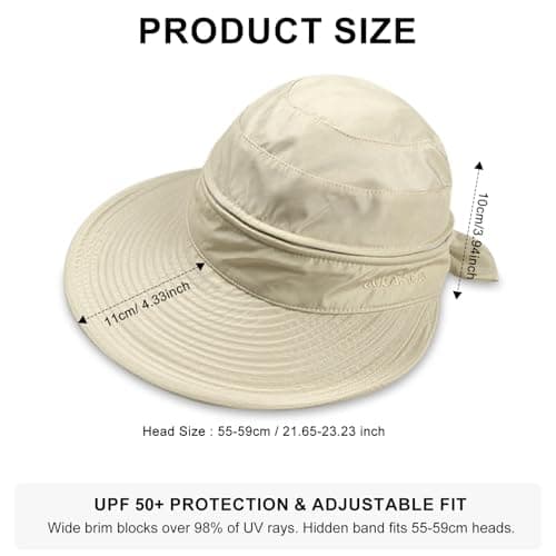 ADUDVLO Sun Hats for Women UK, Stylish UPF 50+ 2-in-1 Detachable Top & Adjustable Visor, Foldable Packable Wide Brim Beach Hat for Travel & Outdoor (Beige) — view 2