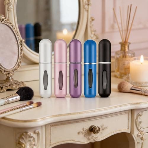 JITFLG 5 Pack 5ml Travel Perfume Bottle, Refillable Metal Atomiser with Bottom-Fill, Leakproof Fragrance Spray for Gym Airplane, Matte Aluminum in Pink Black Blue Silver Purple — view 6