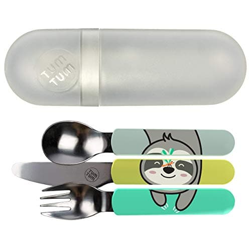 TUM TUM Toddler Cutlery Set with Travel Case, 3 Pcs Kids Cutlery Set Stainless Steel Includes 1 x Fork/Spoon/Knife, Kids Travel Cutlery Sets, BPA Free (Stanley The Sloth)