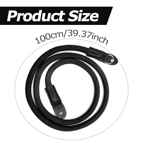 Dazvyn Professional Camera Strap, 100cm Heavy Duty Rope Camera Neck Strap for DSLR, Mirrorless & Micro Single, High Strength Nylon Rope with Premium Leather, Retro Style (Black) — view 2