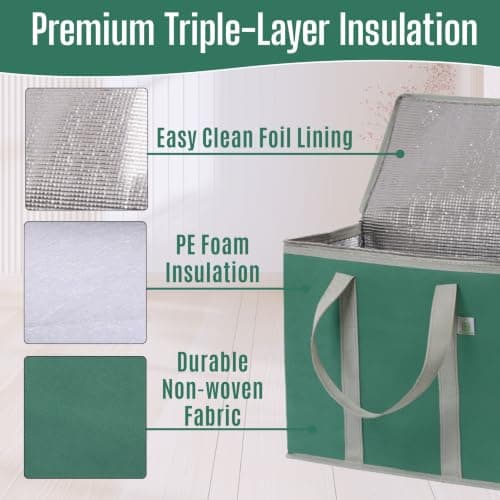VENO 2Pcs Reusable Cooler Bag, Large Cooler Bag with Lid, Durable Handles, Double Zippers, Stand-up Shopping Bag, Foldable Lunch Bag, Picnic Bags (Dark Green, 2PCS) — view 3