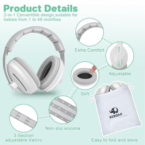 BEBOAN 2-in-1 Baby Ear Muffs Noise Protection Adjustable Headphones, Grey — view 2