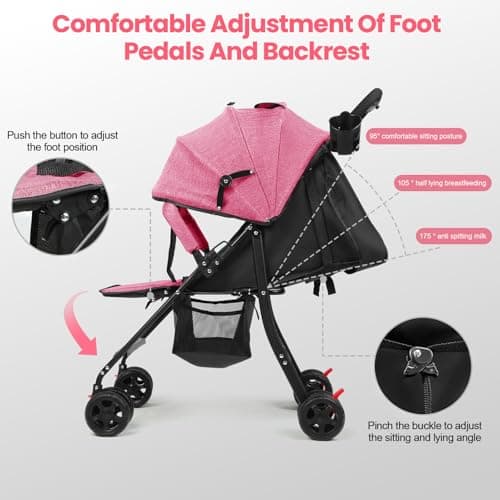 Travel Baby Stroller, Baby Pushchair Up to 10kg Buggy One-Hand Folding Infant Pushchair with Adjustable Backrest, Canopy, Storage Basket for 0-2 Years Toddlers (Pink) — view 4
