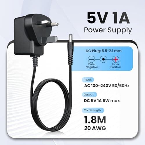 UKCA Certified 5V 1A 5W Power Supply Adapter (1.8M), 5.5x2.1mm, 4.0x1.7mm, 1000mA 0.5A 500mA AC DC Transformer for 5V Radio, Digital Frame, CCTV Camera, Speaker, Router, Baby Monitor — view 2
