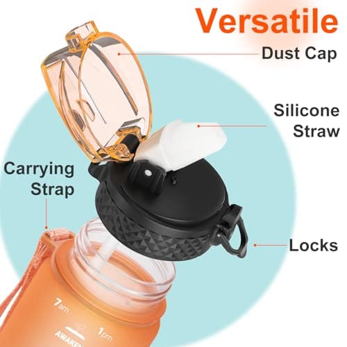 GOPPUS 500ml/17oz Kids Water Bottles with Straw Tritan Childrens Bottle with Flip Top Lid BPA Free Measured Drinks Bottle with Strap Sports Reusable Time Markings Leakproof (Orange Green) — view 3