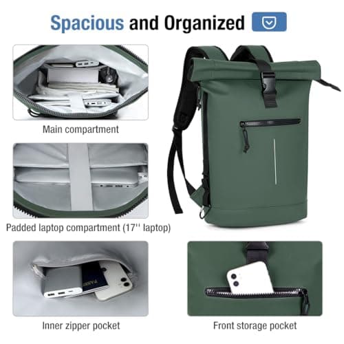 Lekeinchi 17-Inch Waterproof Laptop Backpack for Men and Women - Roll Top Design for School, Travel, Business, Work, and Camping(Green) — view 4