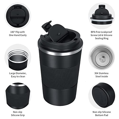 AKHTART 380ml Travel Mug for Hot & Cold Drinks with Leakproof Lid, Stainless Steel Insulated Coffee Double Walled Thermal Mug, Portable Reusable Cup Travel/Office/School(Black) — view 3