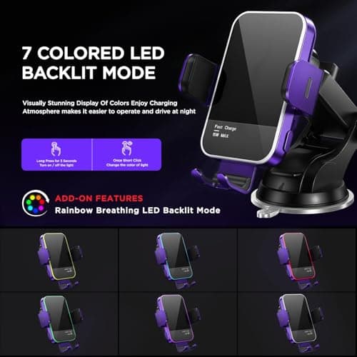 Car Phone Holder Wireless Charger,【7 Colored RGB Backlit】MOSURR 15W Auto Clamping Wireless Car Charger Mount for iPhone 16 15 14 Mini Pro Max, Samsung Galaxy S26 Ultra S25 S24+, etc - Purple — view 2
