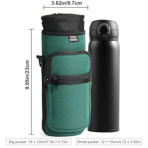 Nuovoware Water Bottle Carrier Bag, 1000ml Bottle Pouch Holder, Adjustable Shoulder Hand Strap 2 Pocket Sling Neoprene Sleeve Sports Accessories for Hiking Travelling Camping, Dark Green — view 4