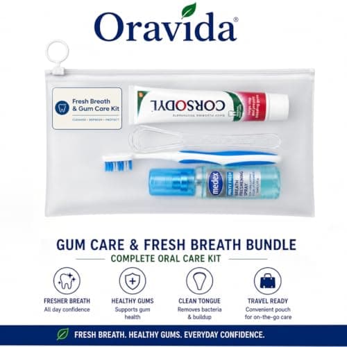 Oravida Fresh Breath & Gum Care Kit – Oral Hygiene Bundle with Tongue Cleaner, Corsodyl Toothpaste, Soft Toothbrush, Breath Spray & Travel Pouch — view 2