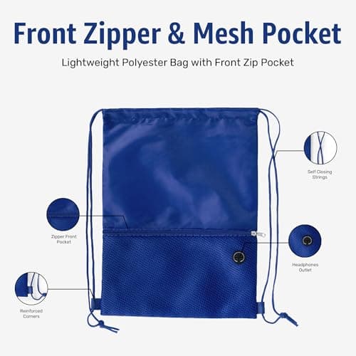 Bodygenix Unisex Drawstring Backpack for Sports – Lightweight Polyester Bag with Front Zip Pocket & Headphone Port – Waterproof Cinch String Bag for Sports, School, Swim, Travel & Beach Use - Blue — view 3