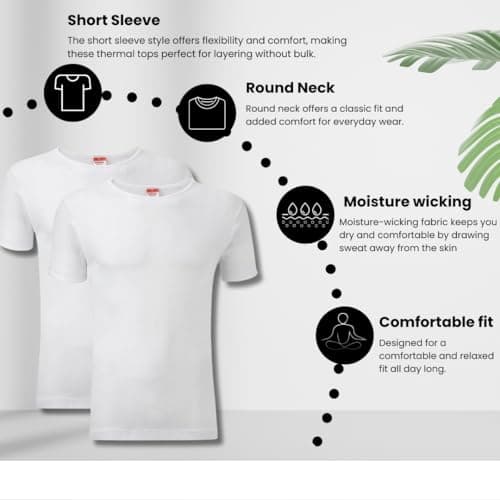 Crazy Fashion Pack of 2 Thermal Tops Men’s - Short Sleeve Plain Round Neck Mens Top Warm T-Shirt Underwear Baselayer Cotton Thermals (White, Small) — view 3