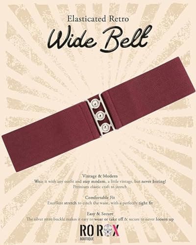 Ro Rox Retro Vintage Belt | Elastic Women's Accessories | Stretchy 50s Nurse With Silver Buckle & Clasp | Waist Belt For Dress | Wide Belt Design | Elasticated Belt For Women & Ladies, Burgundy, L — view 3