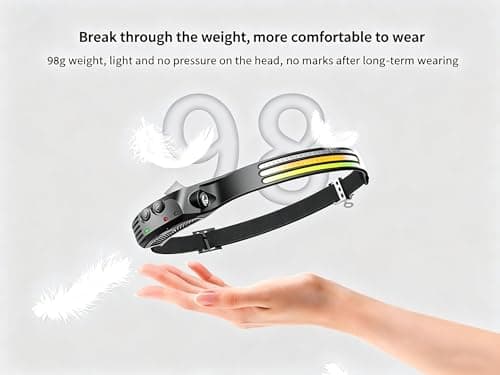 VIVIZEN Ultralight 98g COB LED Head Torch Rechargeable 230 Wide Angle Motion Sensor Headlamp with Red Yellow White Warning Light Hands Free Flashlight for Camping Safety Emergency — view 2