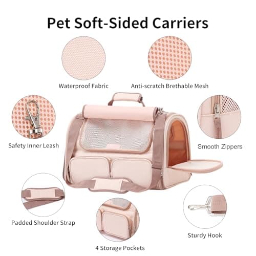 FUKUMARU Cat Carrier, 4 Mesh Windows Small Dog Carrier, 4 Storage Pockets Cat Travel Bag, Under 6.8 Kg Airline Approved Pet Carrier, Rollable Cover for Nervous Cats, Pink — view 4