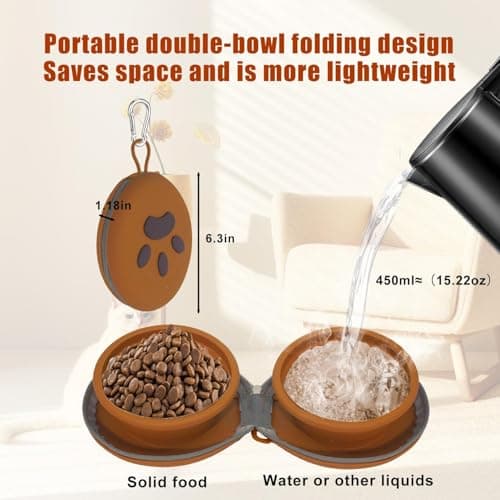 Collapsible Dog Bowls, 2-in-1 Silicone Pet Food and Water Bowl with Carabiner, Portable Double Compartment Dish for Travel, Camping, Hiking Puppy Essentials — view 2