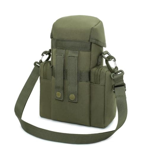 Gexgune Molle Water Bottle Pouch for 64 oz Wide Mouth Bottles - Military Grade Hydration Carrier with Adjustable Shoulder Strap, 2 Zipper Pockets & Front Mesh Pocket (Green) — view 2