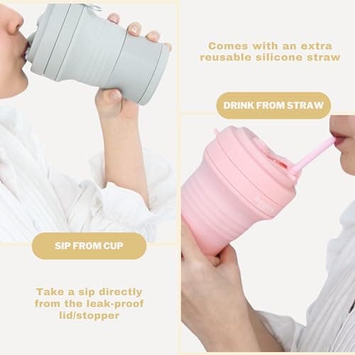 HANARA Collapsible Cup with Reusable Straw – 18 Oz (550 Ml), Portable Travel Mug, BPA-Free, Leak-Proof, Microwave & Dishwasher Safe, Multi-Purpose for Hot & Cold Drinks – Beige — view 3