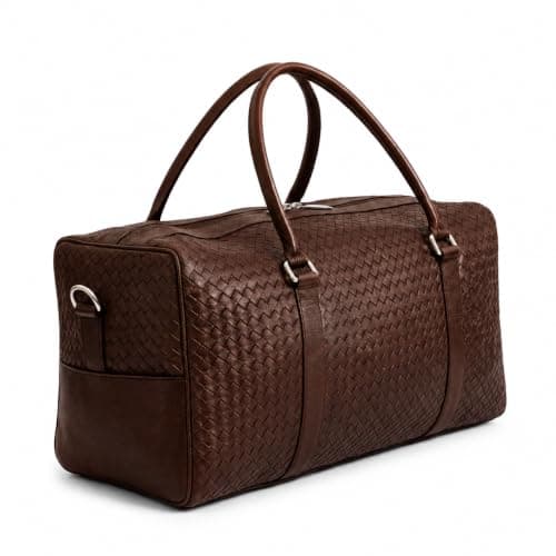 Genuine Leather Duffel Bag 20 Inch | Hand Woven Weekend Travel Bag for Men & Women | Cabin Holdall Carry-On Luggage | Handmade Brown Genuine Leather Overnight Gym Sports Shoulder Bag