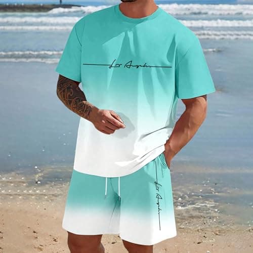 Male Print Erotic Print Two Piece Short Sleeve T-Shirt Shorts Set (Mint Green, L) — view 3