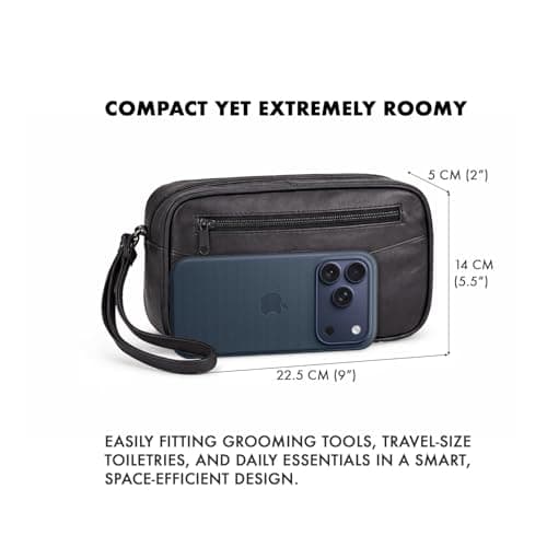 Woodland Leathers Mens Wash Bag, Small Compact Sheep Nappa Toiletry Bag with Top & Back Zips, Travel Small Washbag for Men Fit in Your Carry-on (Black Leather) — view 4