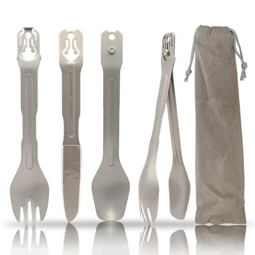 NACETURE Travel Silverware Set, Travel Fork Spoon Knife Set, Portable Utensils, 4-in-1 Spoon Fork Converts to Tongs, Camping Utensils Set with Bag