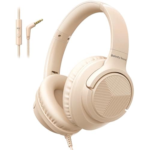 Wired Headphones with Microphone, Over Ear Foldable 3.5mm Plug in Headphones Corded with 4.9ft Tangle-Free Nylon Cord for Girls, Boys, Tablet, Laptop, MP3/4, School, Airplane Travel (Cream)