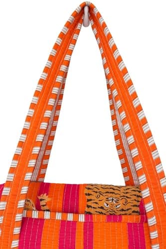 Tiger Print Orange Quilted Cotton Duffel Bag for Women – Spacious Travel, Gym & Weekend Bag with Strong Straps and Lightweight Design — view 5