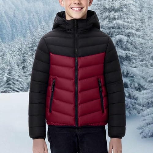 Slxbear Wine Winter Puffer Jackets Boys Girls Down Coats Padded Warm Bubble Outerwear with Hood Color Block Hooded Everyday Wear Comfy Thermal Coats Lightweight Packable Coat 12-13 Years — view 2