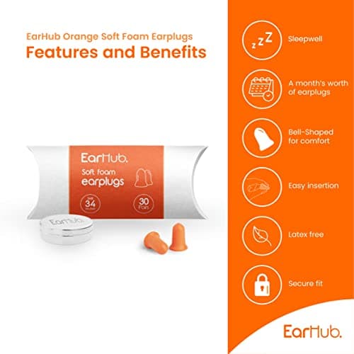 EarHub Premium Soft Foam Orange Earplugs 30 Pairs. Hearing Protection 34dB. Ear Plugs Best Used for Sleep. Also Used for Travel, Work, Study & Concerts — view 3
