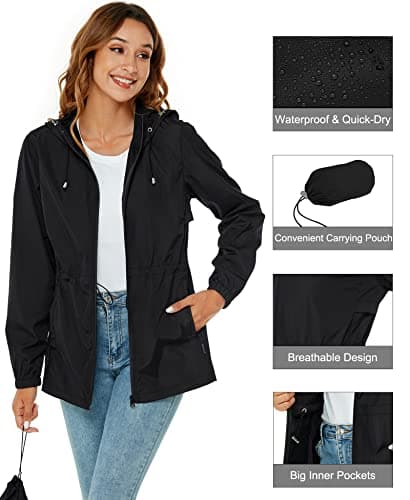 Rapbin Raincoat Women Waterproof Jacket Quick Dry Lightweight Rain Coats Outdoor Rain Trench Coat Packable Hooded Raincoats Black L — view 3