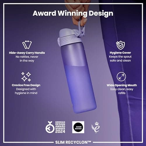 Ion8 Water Bottle, 500 ml/18 oz, Leak Proof, Easy to Open, Secure Lock, Dishwasher Safe, BPA Free, Hygienic Flip Cover, Carry Handle, Fits Cup Holders, Easy Clean, Carbon Neutral, Purple — view 6