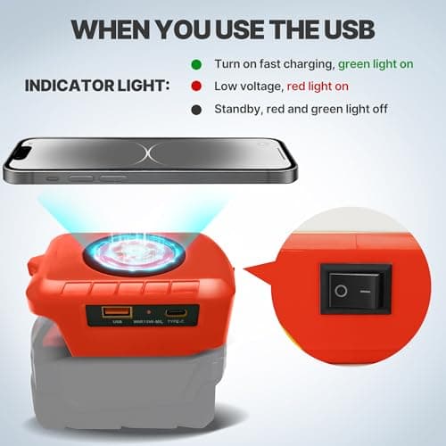 Wireless Phone Charger for Milwaukee 18V Battery,Battery Adapter with USB and Type-C Output, for Camping Travel,Outdoor Working (Wireless Charger for Milwaukee 18V) — view 3
