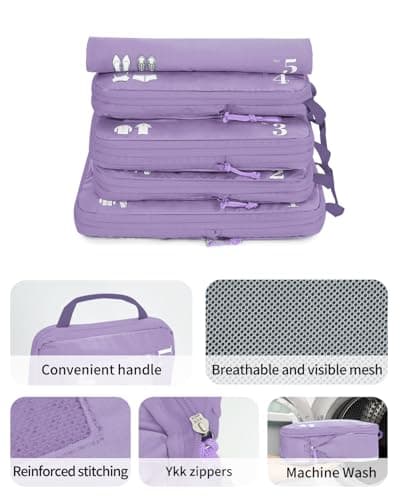 ECOHUB 5 Set Compression Packing Cubes for Suitcases Organiser Bags Travel Accessories with Shoes Bag Tear-resistant Travel Cubes with ID Tag Expandable Packing Bags (Purple) — view 6