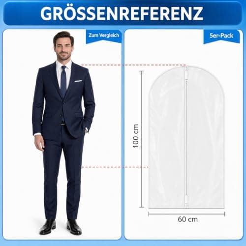 Suit Bags, pack of 5, 60 cm x 100 cm, Translucent PEVA Garment bags with zippers, durable Clothes Covers, Reusable Garment Bags for Suits, Dresses, Coats — view 2