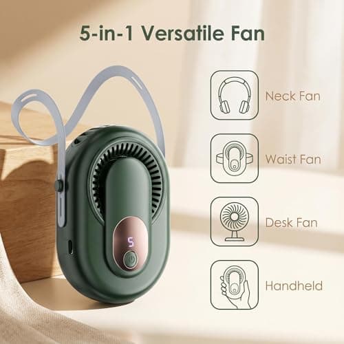 Mtbricey Handheld Mini Portable Fan USB Rechargeable Fan with Waist Clip & Neck Strap 5 Speed Quiet with Digital Display Multi-use as Handheld Desk Waist Fan for Travel Camping Office Outdoor (Green) — view 3