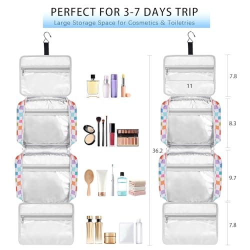 Travel Toiletry Bag for Women, Hanging Toiletry Bag with Hook Pastel Checkered Makeup Bag for Travel Size Toiletries, Cosmetics, Must Haves for Traveling Women — view 6