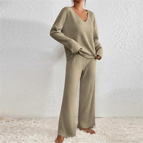 Keepink Lounge Wear Sets for Women UK Tracksuit Knit Ribbed 2 Piece Outfits V Neck Long Sleeve Jumpers + Wide Leg Trousers Pyjamas Set Sleepwear Homewear Travel Sweatsuits Tall/Petite — view 3