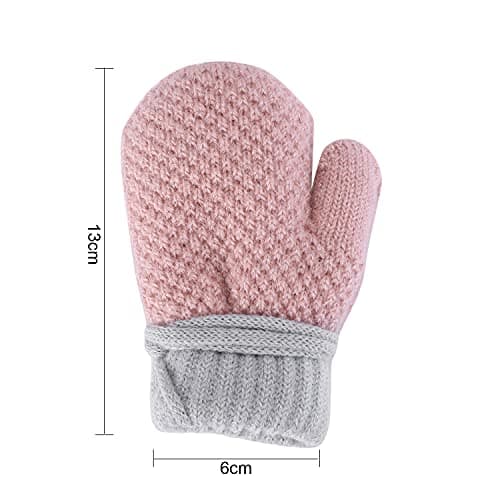 Kids Toddlers Thermal Gloves Mittens Winter Warm Thick Knitted Gloves with String Fluffy Full Finger Mittens Baby Fleece Lined Gloves Hanging Neck Mittens with Anti-Lost String for Boys Girls Age 1-4 — view 3