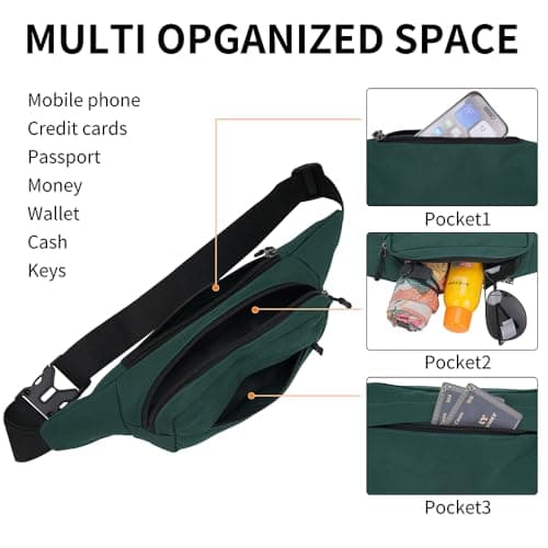 Bumbags Waist Fanny Packs for Men Women Fashion Bum Bag with Adjustable Belt for Sport Running Hiking Travel Cycling Walking Dog Boys Ladies (Green) — view 3