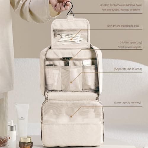 REPT New Fabric Toilet Bag for Hanging Wash Bag Makeup Cosmetic Organizer for Women Man Girls,for Business Trip, Vacation, Waterproof for Wash Bag & Shower Bag-Beige — view 2