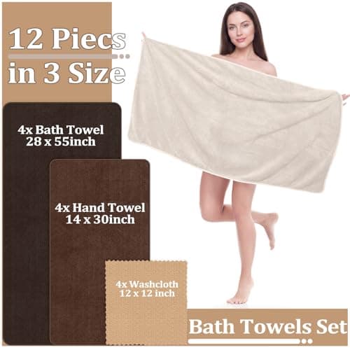 Preboun 12 Pcs Bath Towels and Washcloths 4 Sets Microfiber Bathroom Beach Pool Towel Set Quick Dry Coral Velvet Highly Absorbent for Fitness Sports Shower Travel Spa Hotel(Taupe Gradient) — view 4