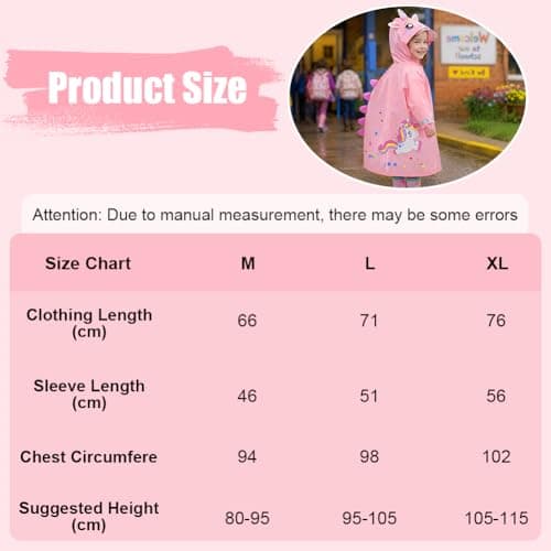 Adiwo Rain Poncho Girls Boys, Boys Girls Portable Raincoat, Kids Raincoats with Hood, Cartoon Poncho Toddler, Kids Lightweight Rainwear Waterproof Reusable, Pink Unicorn (M) — view 3