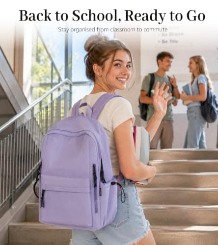 FIORETTO Backpack Womens School Bag Girls Boys, Lightweight Water-Resistant Fits 15.6” Laptop Large Capacity Rucksack with Rain Cover, Ideal for School College Commuting Travel Purple — view 3