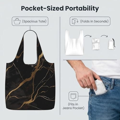 KKLWEGU Reusable Shopping Bags Lightweight Foldable Grocery Bags In Pocket,Washable Large Tote Bags Black Gold Marble Travel Shoulder Bag Gifts For Women Men — view 4