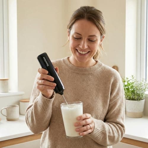 Savorluxe Electric Milk Frother - Stainless Steel Egg Beater - Portable Battery-Powered Handheld Milk Frother, Suitable for Lattes, Cappuccinos, Matcha & More - with Dust Cover, Matte Black & Silver — view 3
